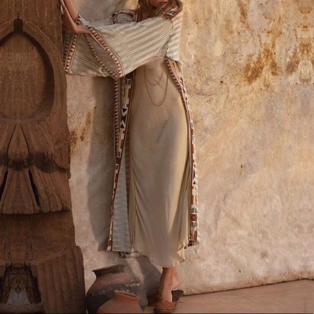 Western Boho Aztec Tribal Cotton Kimono Duster Wrap - Picture 4 of 7